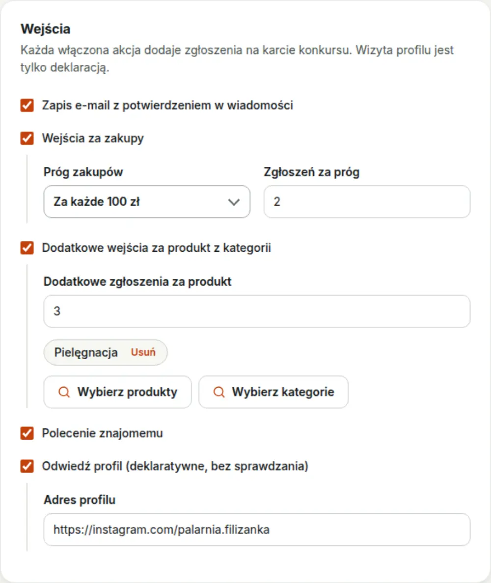 Zakładka Wejścia: pola wyboru sposobów zdobywania zgłoszeń z progiem zakupów, produktami z kategorii i adresem profilu.