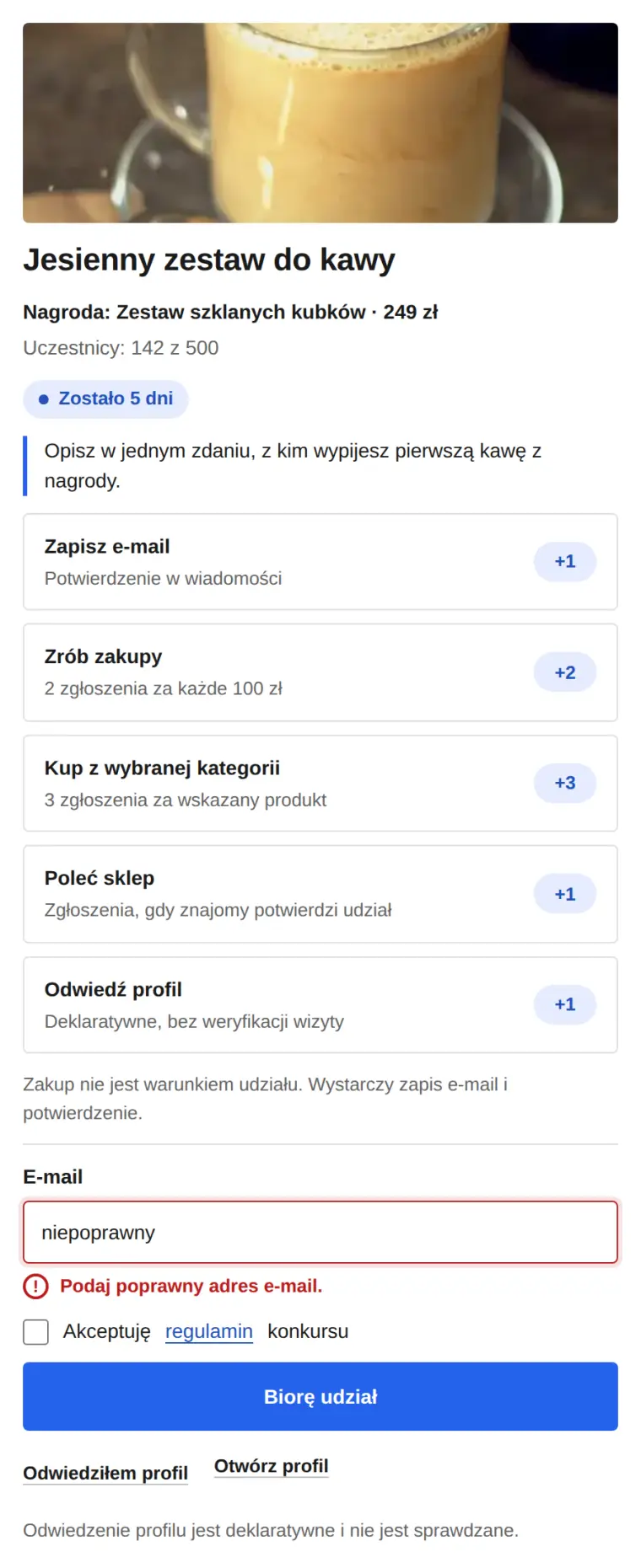 Widżet z błędem: w polu e-mail wpisane niepoprawny, czerwona ramka i komunikat Podaj poprawny adres e-mail.