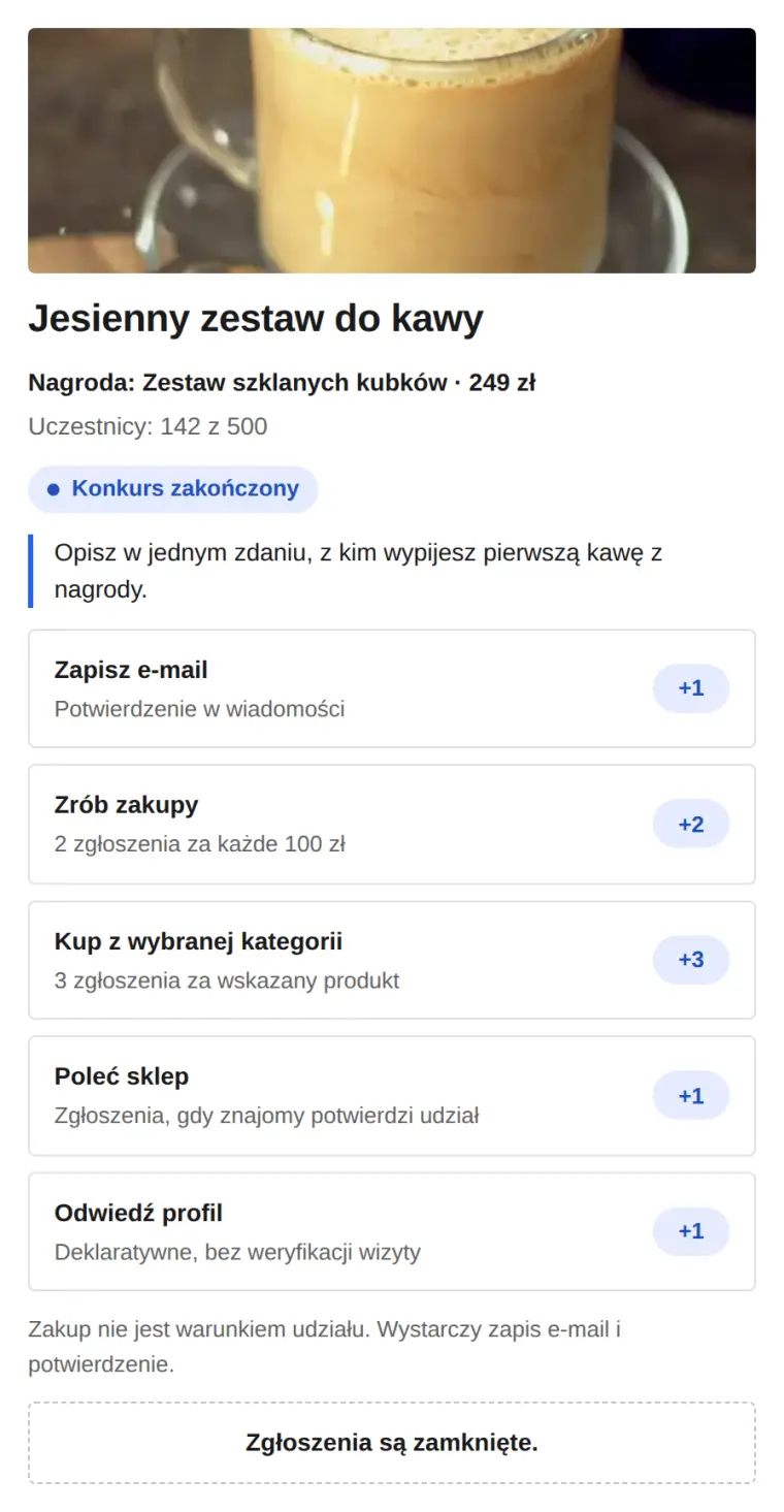 Widżet po końcu konkursu: karty sposobów zostają, zamiast formularza jest napis Zgłoszenia są zamknięte.