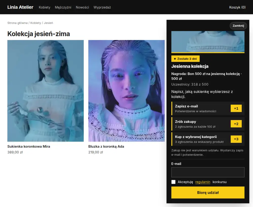 Strona kolekcji sklepu z modą w szablonie Storefront. W prawym rogu ciemna pływająca karta konkursu Jesienna kolekcja z bonem 500 zł i trzema sposobami zdobywania zgłoszeń.