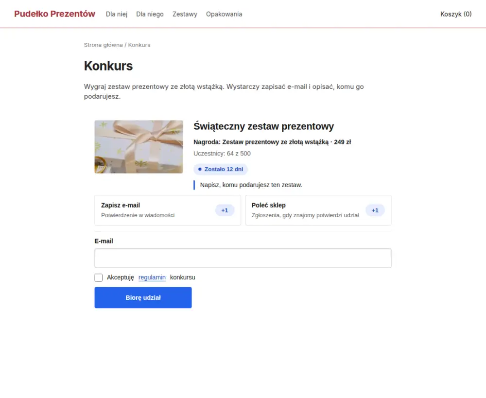 Strona konkursu w sklepie z prezentami: krótki opis, karta nagrody Świąteczny zestaw prezentowy, odliczanie, dwa sposoby zgłoszeń i formularz z zapisem e-mail.