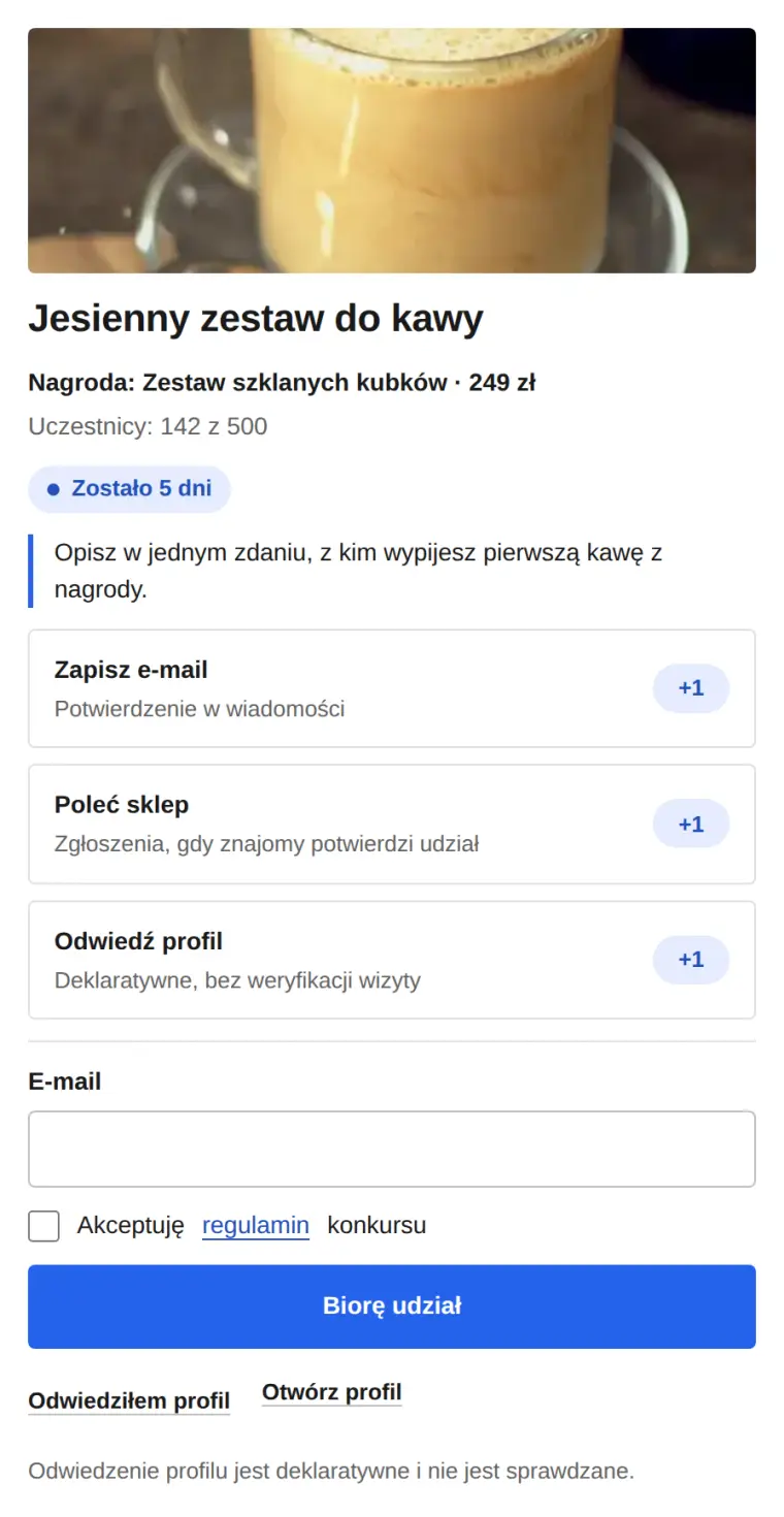 Widżet ze sposobami zapis e-mail, poleć sklep i odwiedź profil, z przyciskami Odwiedziłem profil i Otwórz profil.