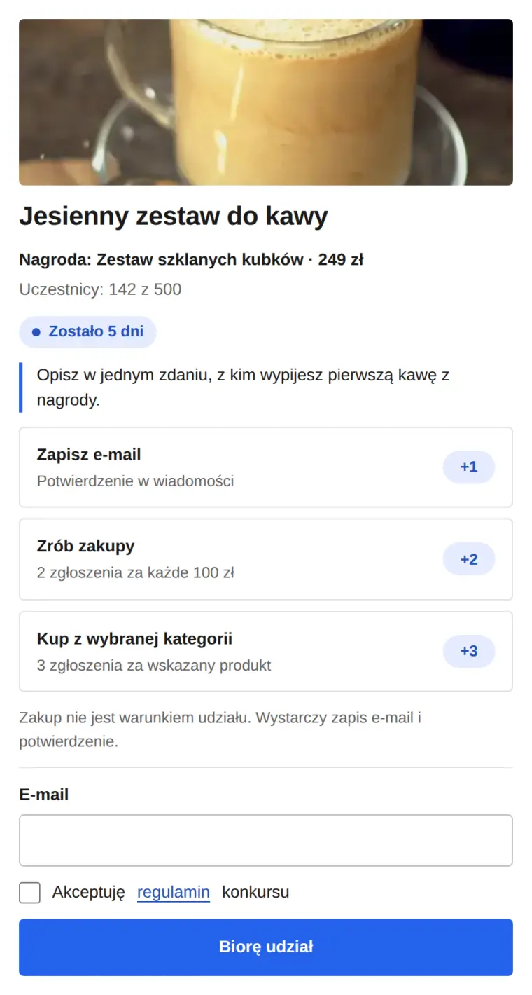 Widżet z trzema sposobami: zapis e-mail, zakupy za każde 100 zł i produkt z wybranej kategorii, oraz zdanie, że zakup nie jest warunkiem udziału.