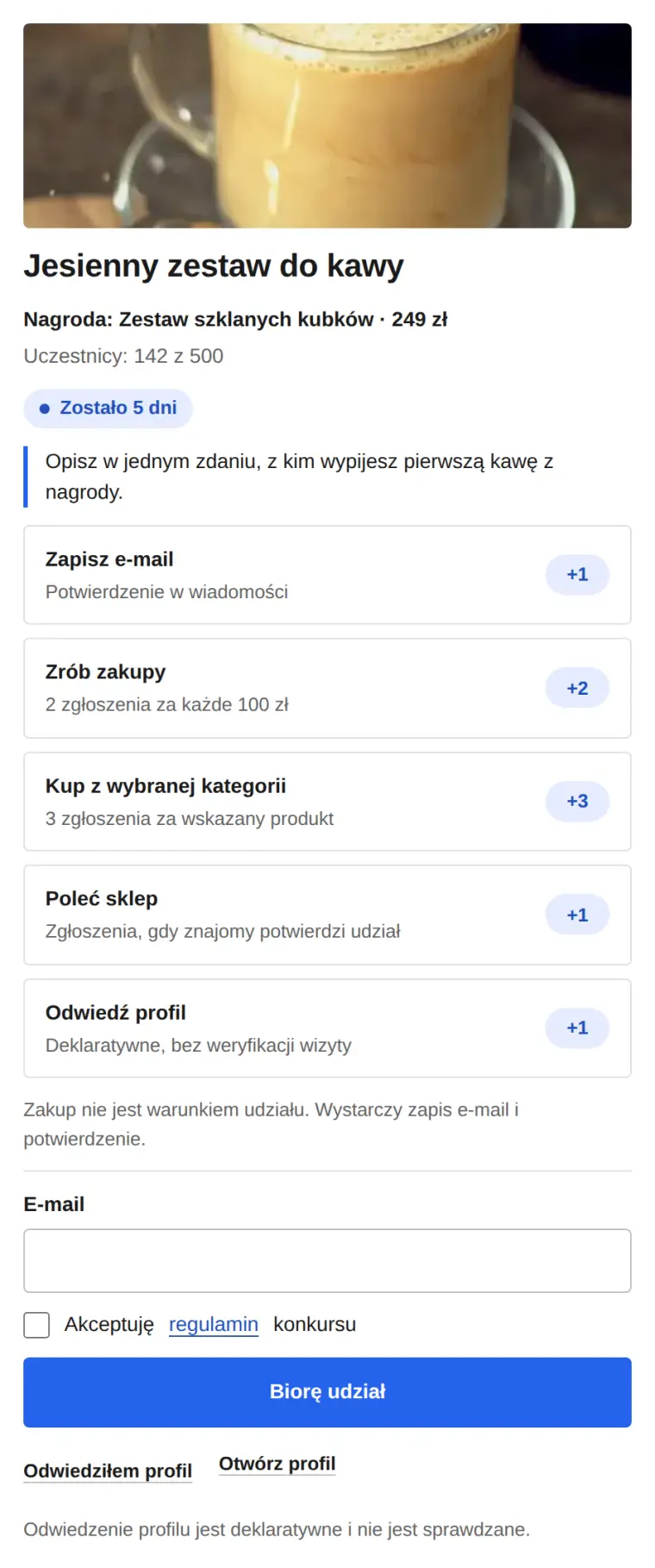 Widżet konkursu w wyglądzie A: jasna karta, zdjęcie nagrody, odliczanie, pięć sposobów zdobywania zgłoszeń i niebieski przycisk Biorę udział.