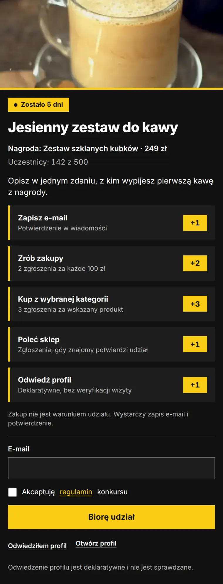 Widżet konkursu w wyglądzie B: ciemna karta, żółte liczniki zgłoszeń przy każdym sposobie i żółty przycisk Biorę udział.
